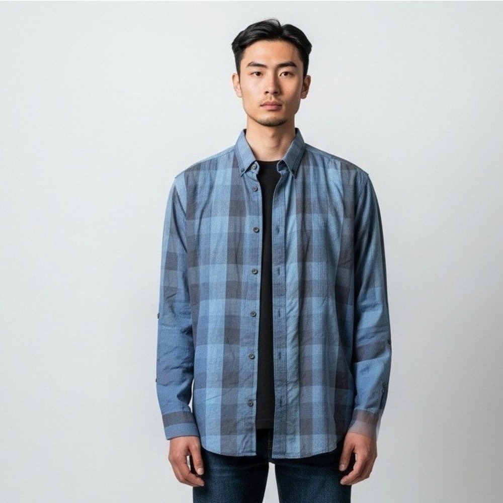 Alfani Mens Regular Fit Blue Plaid Long Sleeve Button Down Cotton Shirt Size M